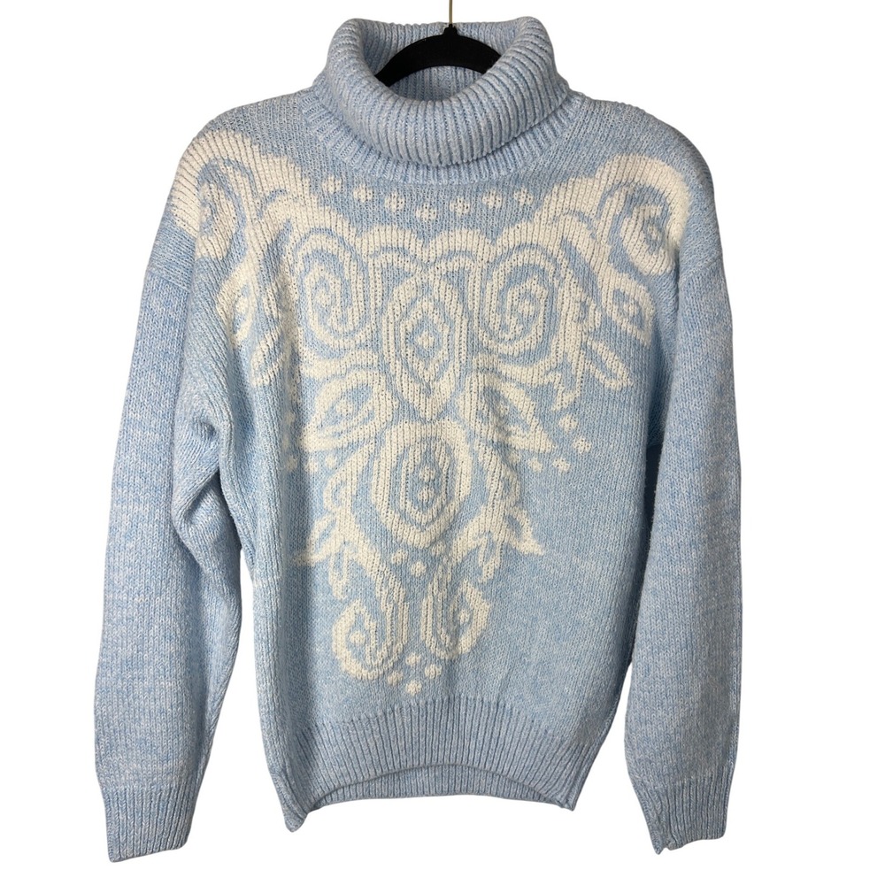 Modemoiselle Womens Vintage Blue White Knit Cottagecore Cowl Neck Sweater Medium